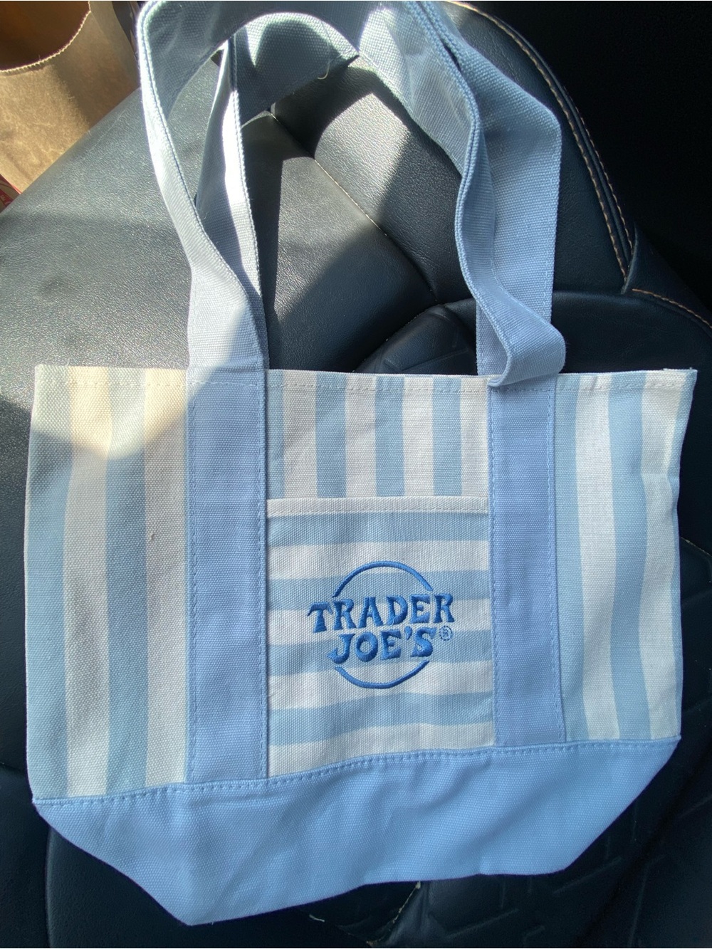 Trader Joe's Light Blue & White Striped Canvas Tote Bag